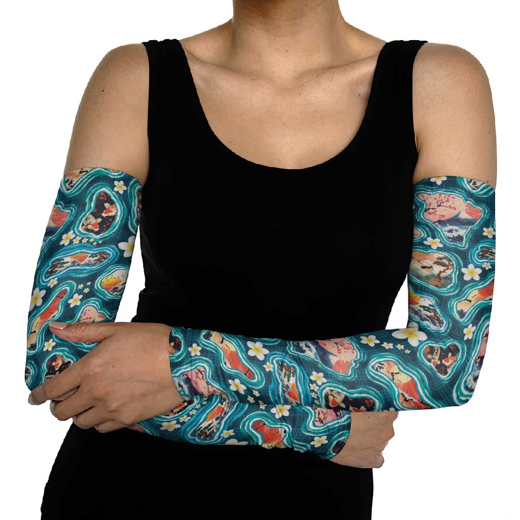 Hawaiian and Japanese Culture Together Arm Sleeves Hawaiian Island Shapes with Japanese Landscape Teal Color