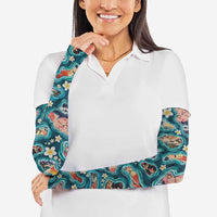Hawaiian and Japanese Culture Together Arm Sleeves Hawaiian Island Shapes with Japanese Landscape Teal Color