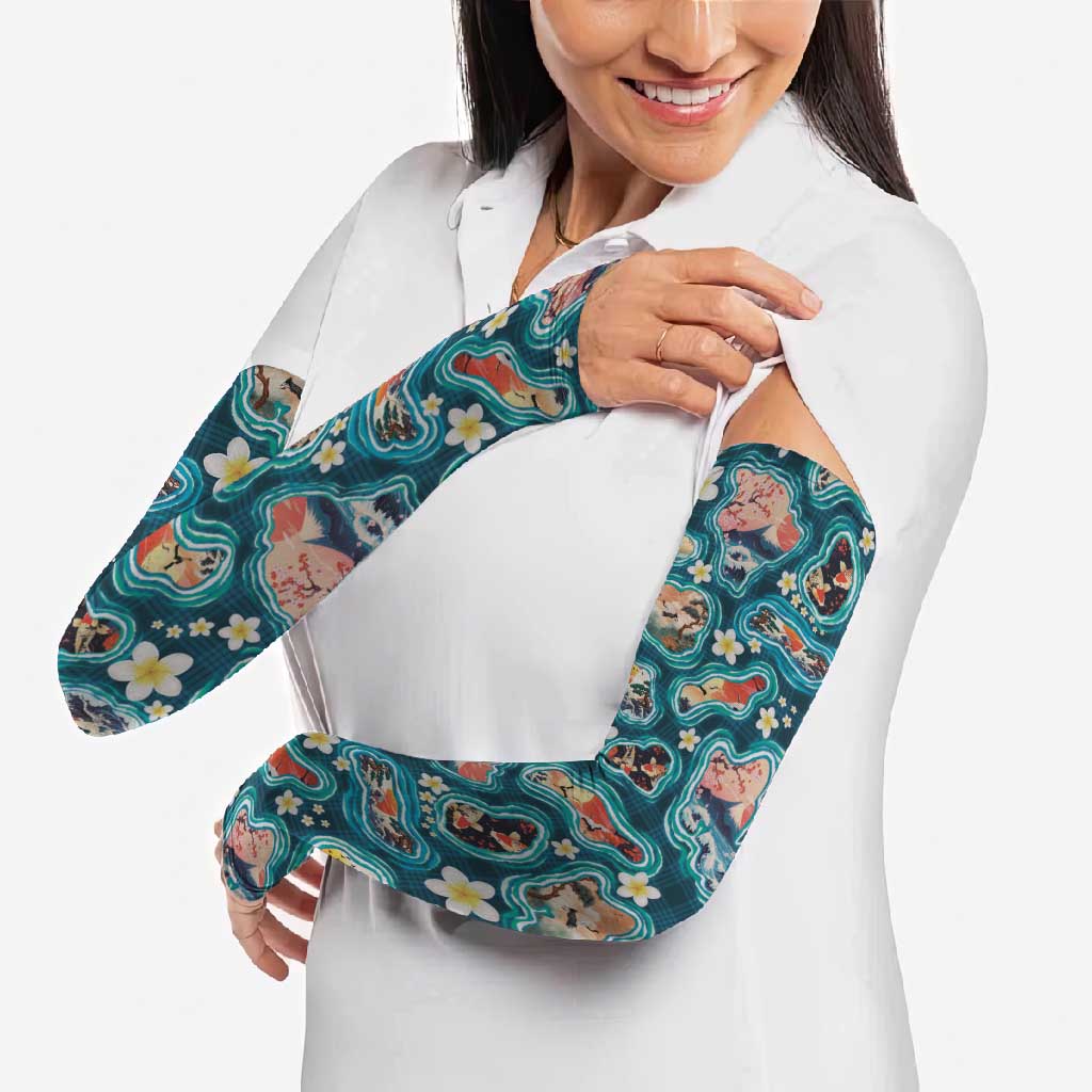 Hawaiian and Japanese Culture Together Arm Sleeves Hawaiian Island Shapes with Japanese Landscape Teal Color