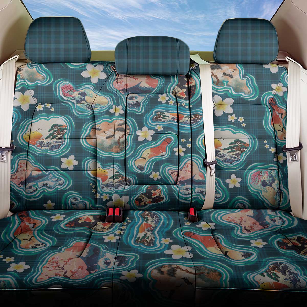 Hawaiian and Japanese Culture Together Back Car Seat Cover Hawaiian Island Shapes with Japanese Landscape Teal Color