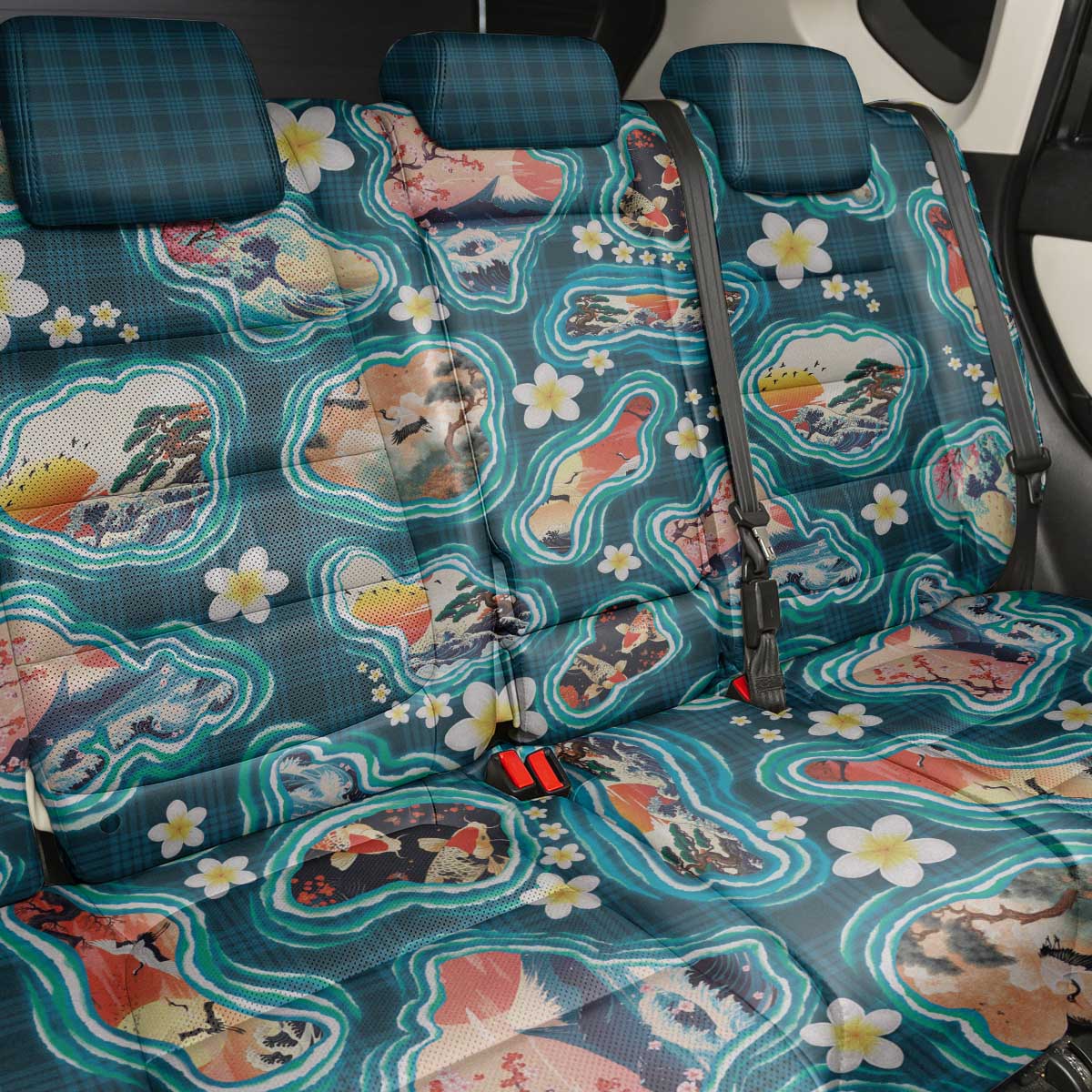 Hawaiian and Japanese Culture Together Back Car Seat Cover Hawaiian Island Shapes with Japanese Landscape Teal Color