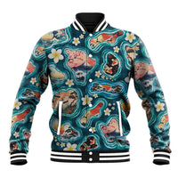 Hawaiian and Japanese Culture Together Baseball Jacket Hawaiian Island Shapes with Japanese Landscape Teal Color