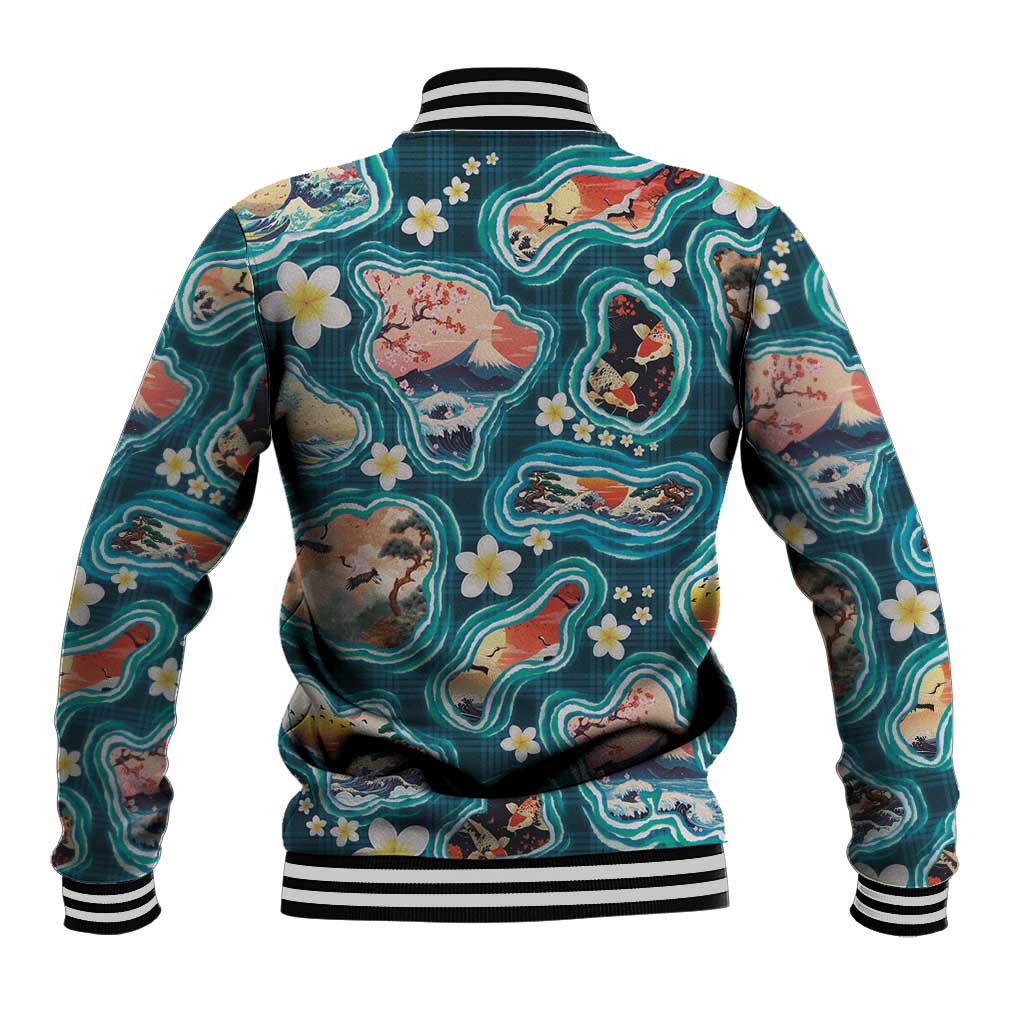 Hawaiian and Japanese Culture Together Baseball Jacket Hawaiian Island Shapes with Japanese Landscape Teal Color