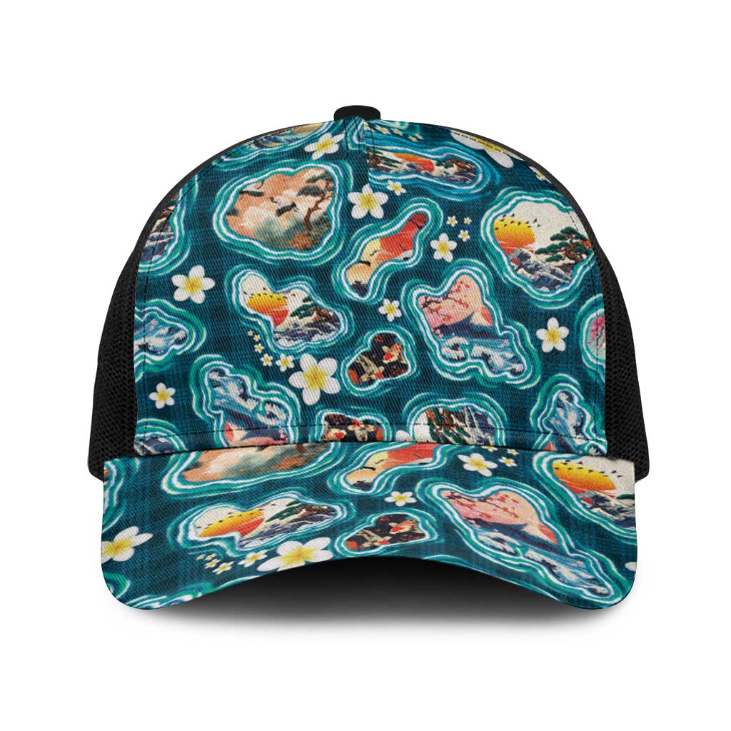 Hawaiian and Japanese Culture Together Baseball Net Cap Hawaiian Island Shapes with Japanese Landscape Teal Color