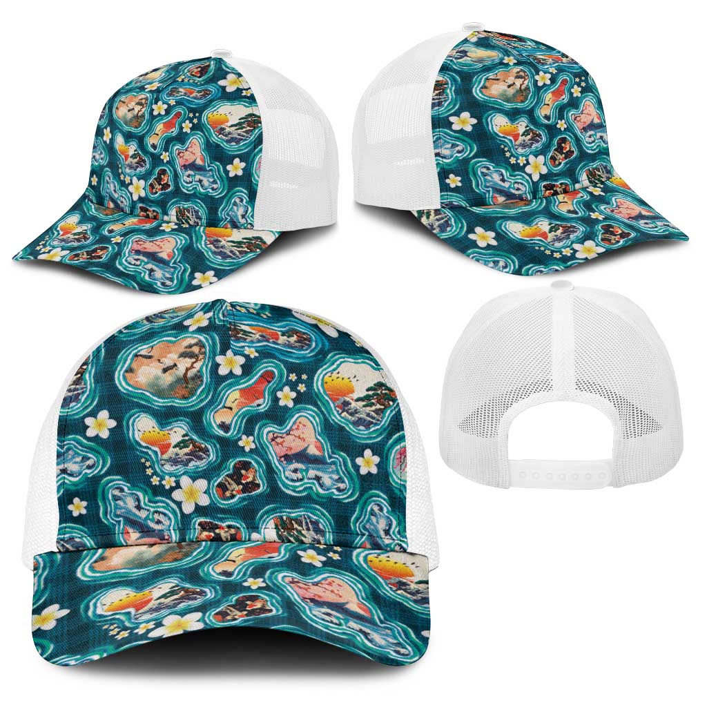 Hawaiian and Japanese Culture Together Baseball Net Cap Hawaiian Island Shapes with Japanese Landscape Teal Color