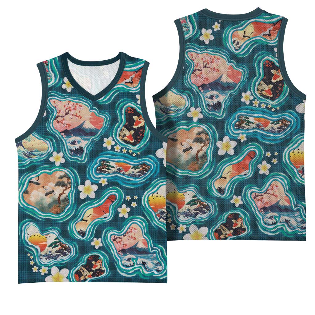 Hawaiian and Japanese Culture Together Basketball Jersey Hawaiian Island Shapes with Japanese Landscape Teal Color