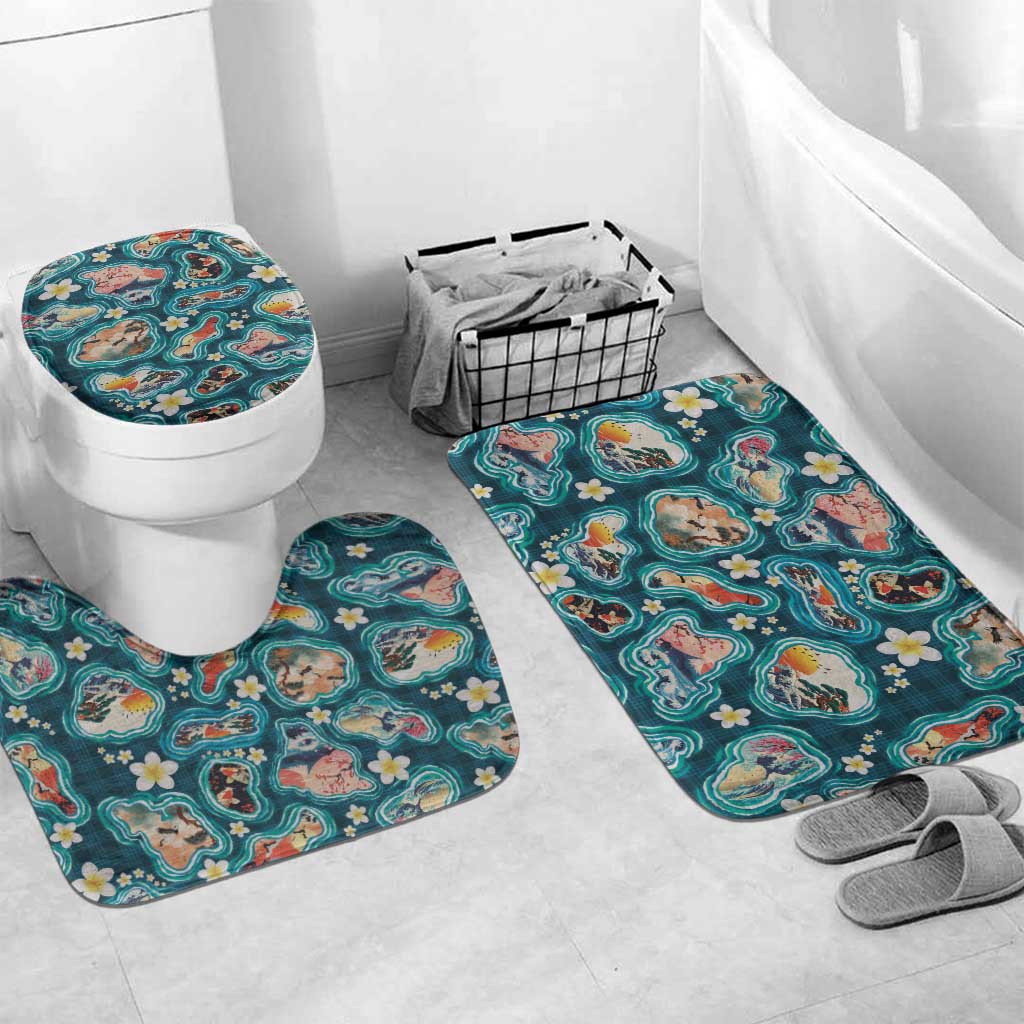 Hawaiian and Japanese Culture Together Bathroom Set Hawaiian Island Shapes with Japanese Landscape Teal Color
