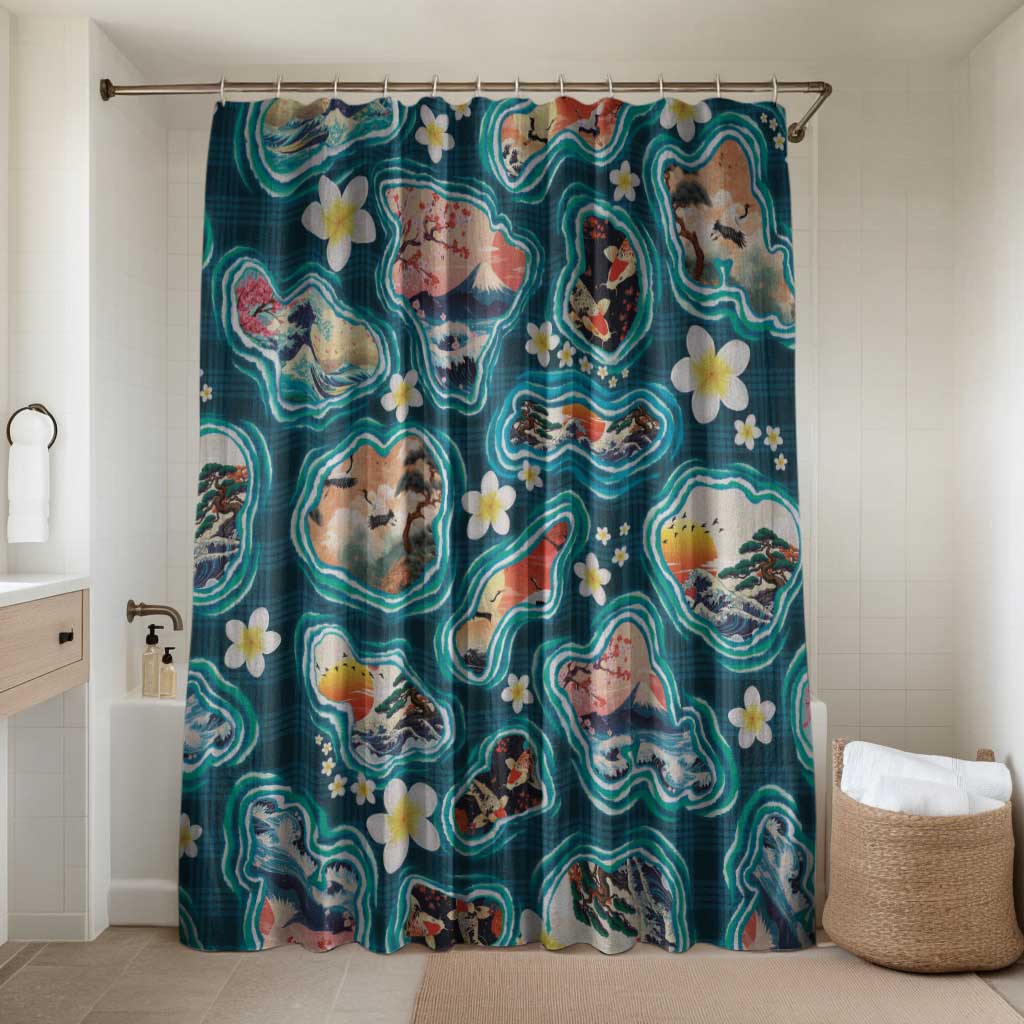 Hawaiian and Japanese Culture Together Bathroom Set Hawaiian Island Shapes with Japanese Landscape Teal Color