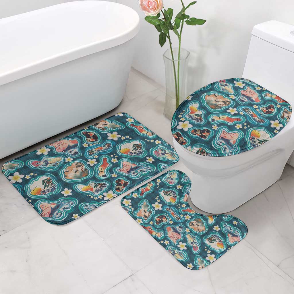 Hawaiian and Japanese Culture Together Bathroom Set Hawaiian Island Shapes with Japanese Landscape Teal Color