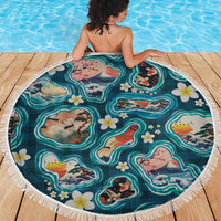 Hawaiian and Japanese Culture Together Beach Blanket Hawaiian Island Shapes with Japanese Landscape Teal Color