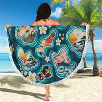 Hawaiian and Japanese Culture Together Beach Blanket Hawaiian Island Shapes with Japanese Landscape Teal Color
