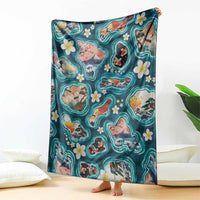 Hawaiian and Japanese Culture Together Blanket Hawaiian Island Shapes with Japanese Landscape Teal Color