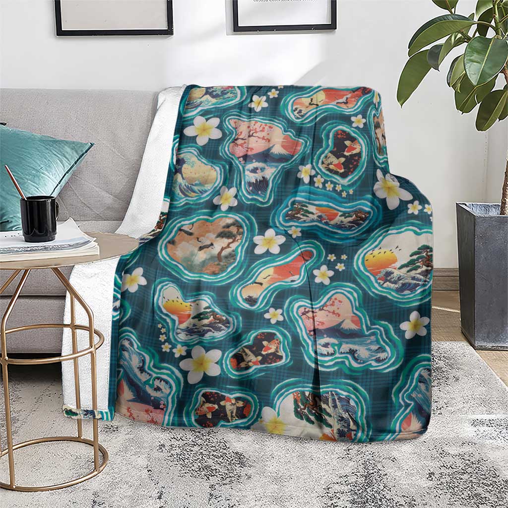 Hawaiian and Japanese Culture Together Blanket Hawaiian Island Shapes with Japanese Landscape Teal Color