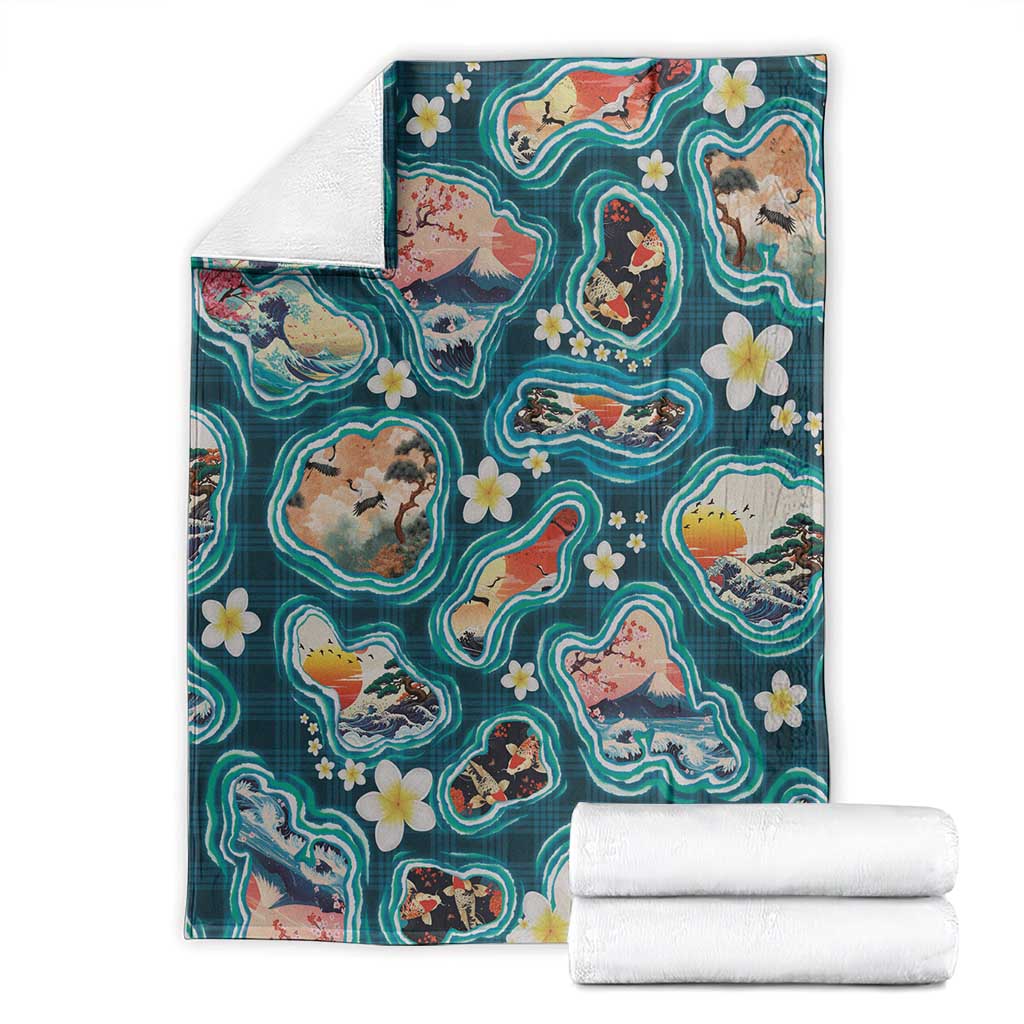 Hawaiian and Japanese Culture Together Blanket Hawaiian Island Shapes with Japanese Landscape Teal Color