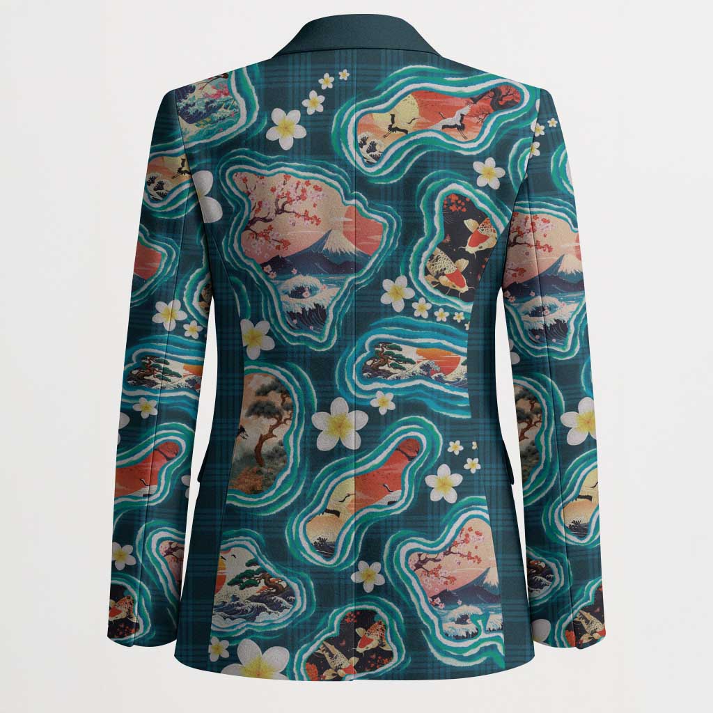 Hawaiian and Japanese Culture Together Blazer Hawaiian Island Shapes with Japanese Landscape Teal Color
