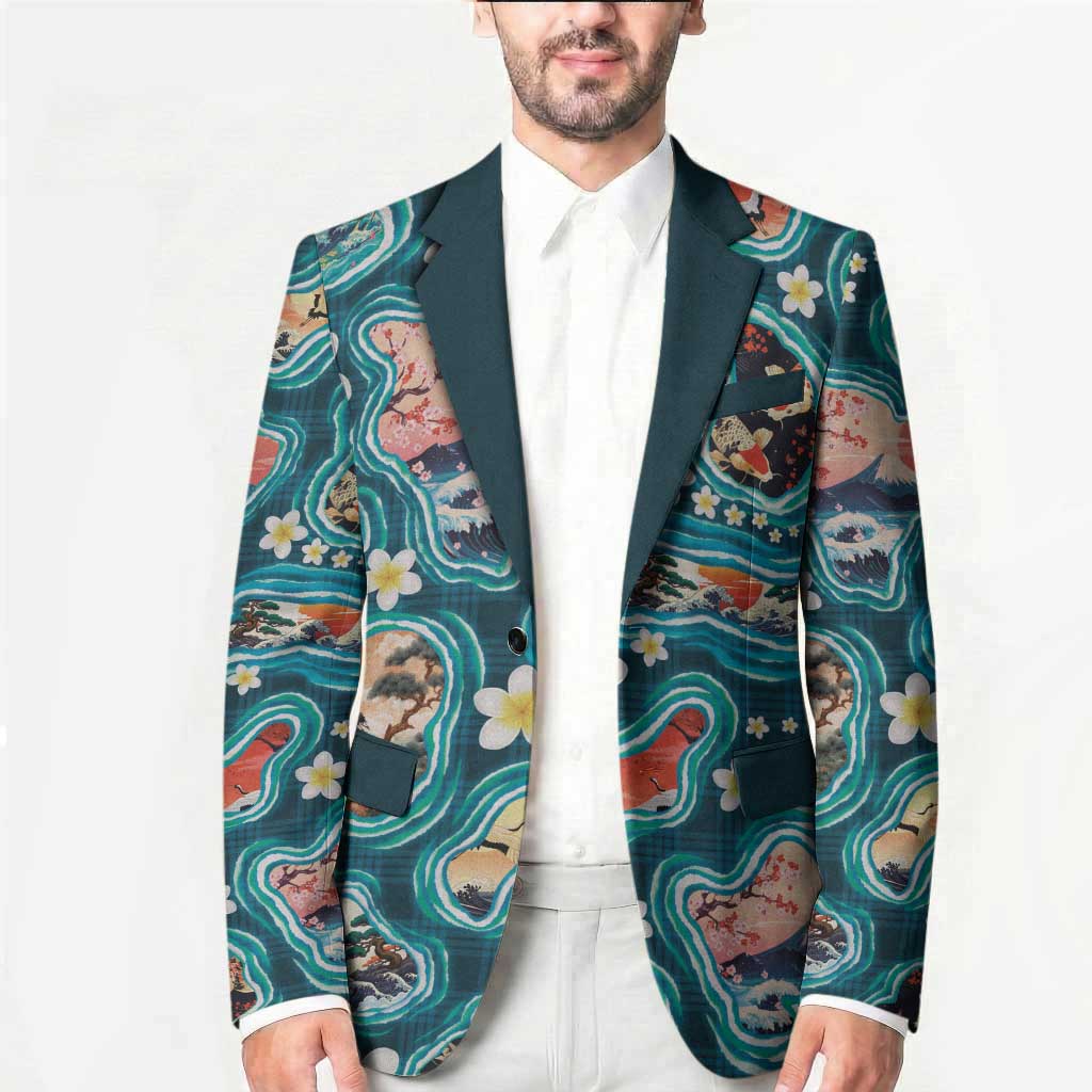 Hawaiian and Japanese Culture Together Blazer Hawaiian Island Shapes with Japanese Landscape Teal Color