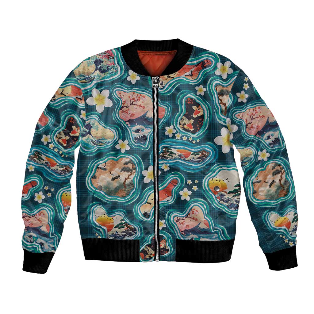 Hawaiian and Japanese Culture Together Bomber Jacket Hawaiian Island Shapes with Japanese Landscape Teal Color LT03 Unisex Teal - Polynesian Pride