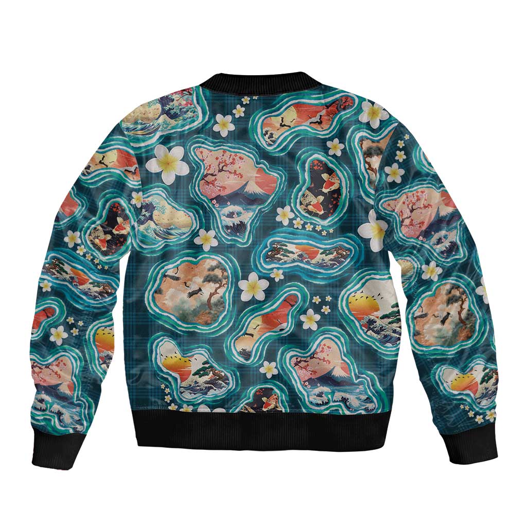 Hawaiian and Japanese Culture Together Bomber Jacket Hawaiian Island Shapes with Japanese Landscape Teal Color