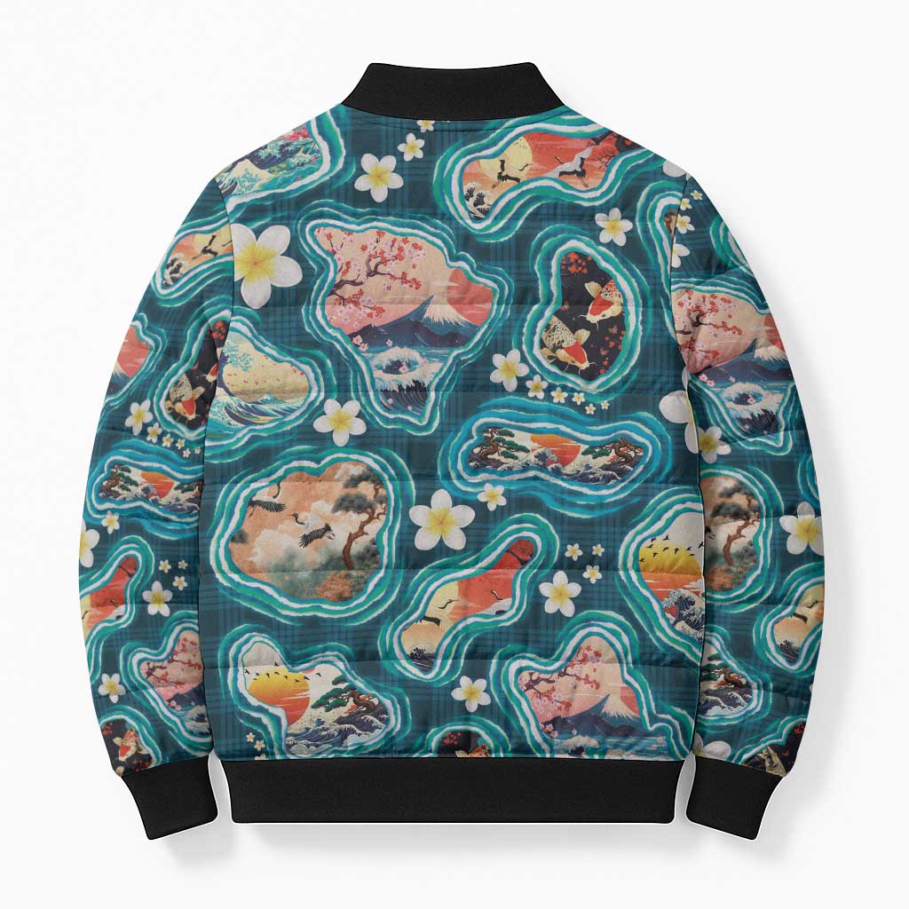 Hawaiian and Japanese Culture Together Bomber Puffer Jacket Hawaiian Island Shapes with Japanese Landscape Teal Color