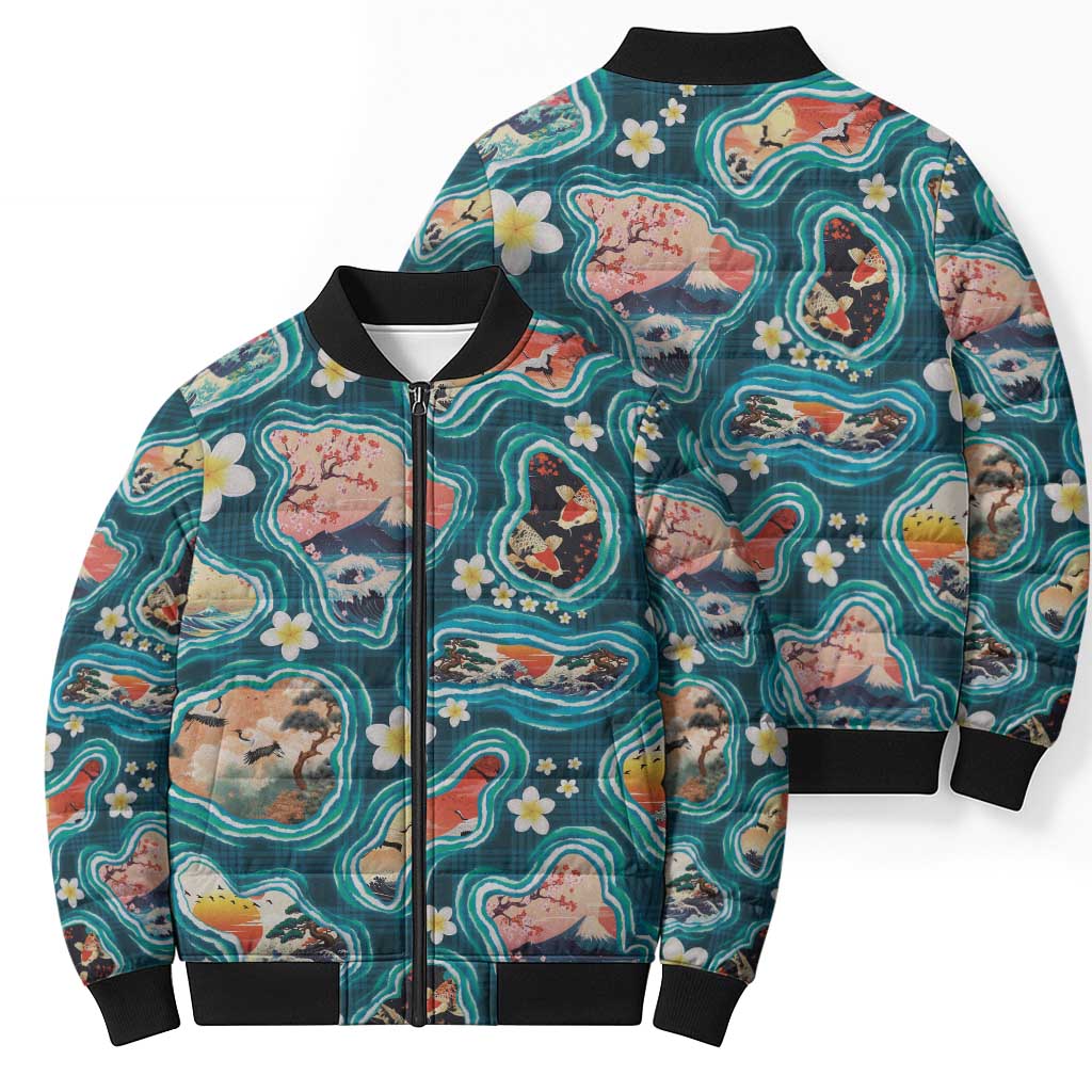 Hawaiian and Japanese Culture Together Bomber Puffer Jacket Hawaiian Island Shapes with Japanese Landscape Teal Color