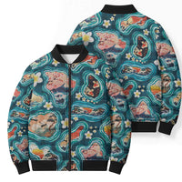 Hawaiian and Japanese Culture Together Bomber Puffer Jacket Hawaiian Island Shapes with Japanese Landscape Teal Color