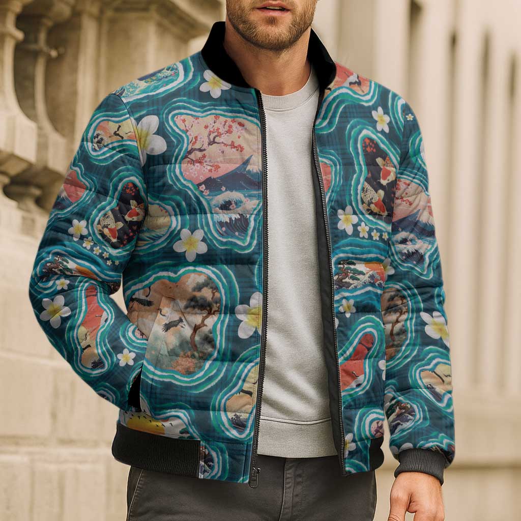 Hawaiian and Japanese Culture Together Bomber Puffer Jacket Hawaiian Island Shapes with Japanese Landscape Teal Color
