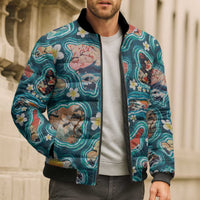 Hawaiian and Japanese Culture Together Bomber Puffer Jacket Hawaiian Island Shapes with Japanese Landscape Teal Color