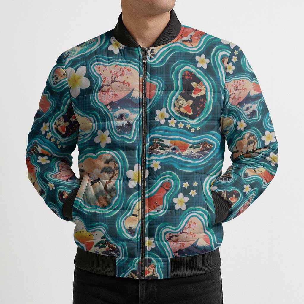 Hawaiian and Japanese Culture Together Bomber Puffer Jacket Hawaiian Island Shapes with Japanese Landscape Teal Color