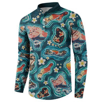 Hawaiian and Japanese Culture Together Button Sweatshirt Hawaiian Island Shapes with Japanese Landscape Teal Color