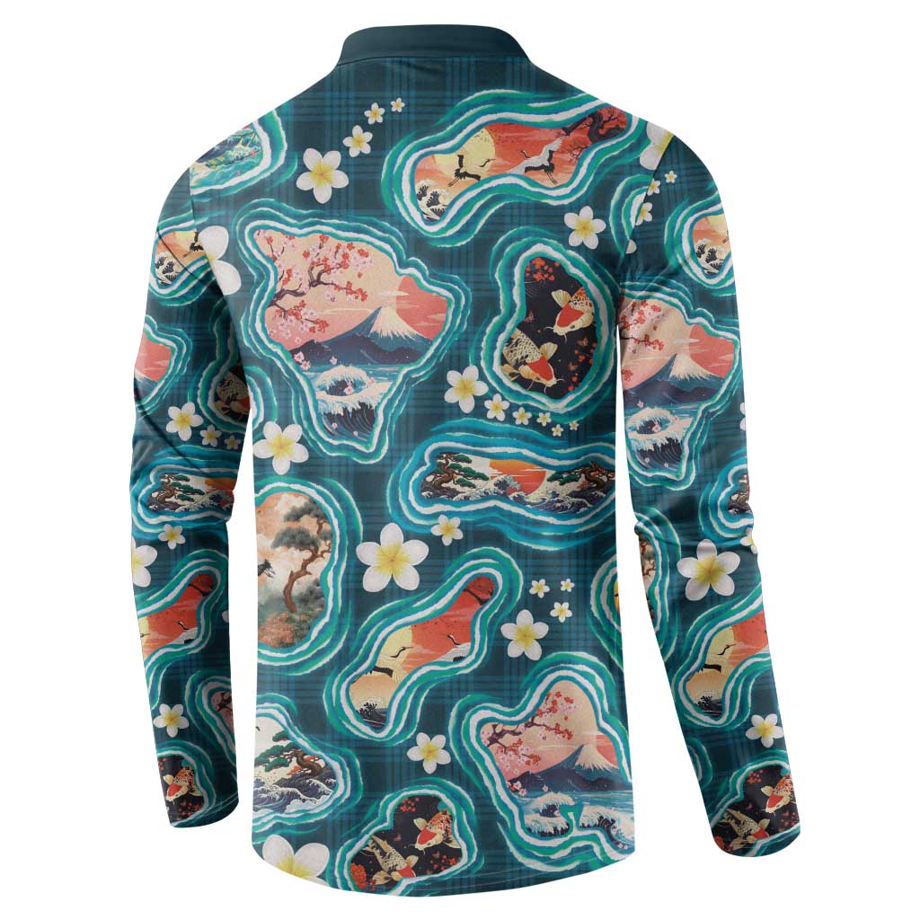 Hawaiian and Japanese Culture Together Button Sweatshirt Hawaiian Island Shapes with Japanese Landscape Teal Color