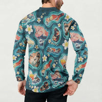 Hawaiian and Japanese Culture Together Button Sweatshirt Hawaiian Island Shapes with Japanese Landscape Teal Color