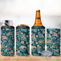 Hawaiian and Japanese Culture Together 4 in 1 Can Cooler Tumbler Hawaiian Island Shapes with Japanese Landscape Teal Color