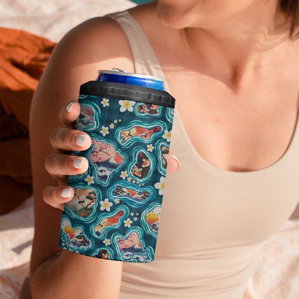 Hawaiian and Japanese Culture Together 4 in 1 Can Cooler Tumbler Hawaiian Island Shapes with Japanese Landscape Teal Color