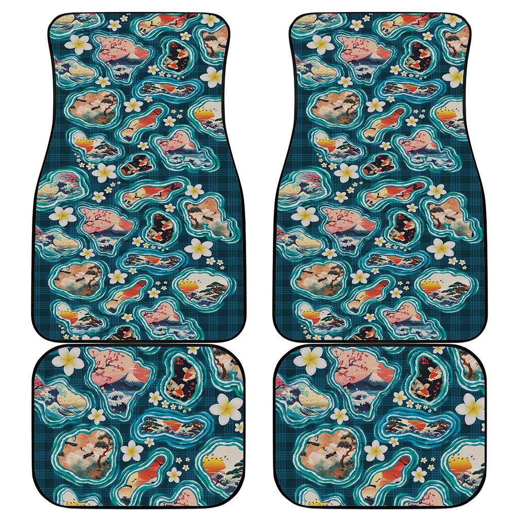 Hawaiian and Japanese Culture Together Car Mats Hawaiian Island Shapes with Japanese Landscape Teal Color