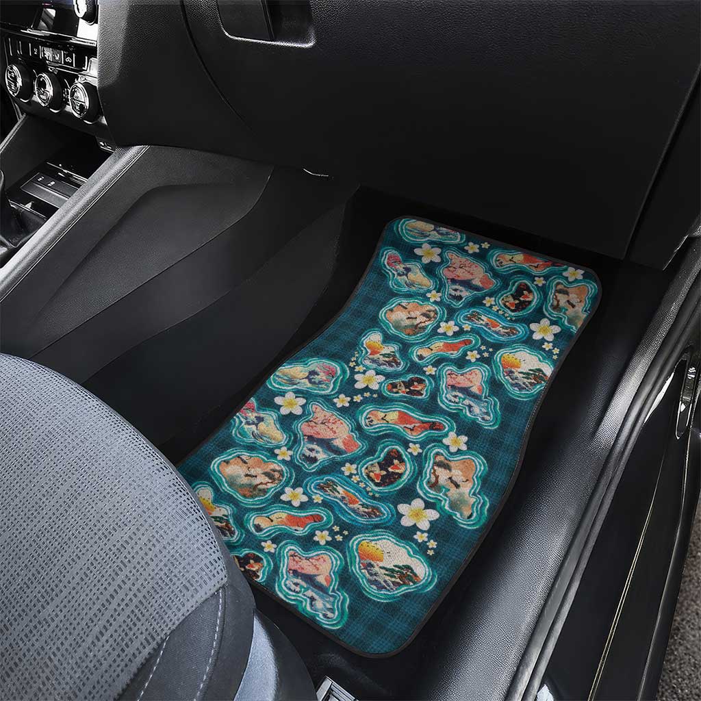 Hawaiian and Japanese Culture Together Car Mats Hawaiian Island Shapes with Japanese Landscape Teal Color