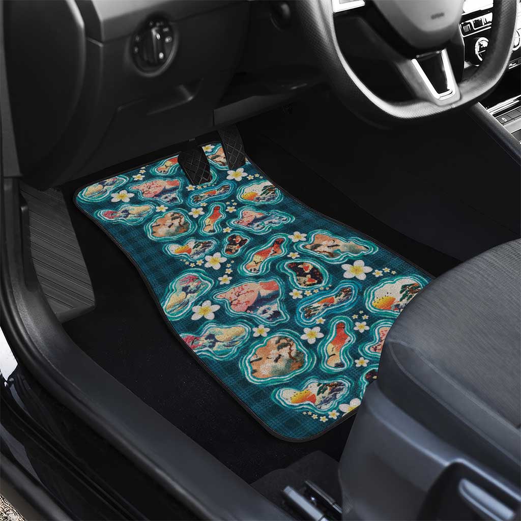 Hawaiian and Japanese Culture Together Car Mats Hawaiian Island Shapes with Japanese Landscape Teal Color