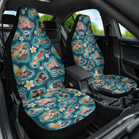Hawaiian and Japanese Culture Together Car Seat Cover Hawaiian Island Shapes with Japanese Landscape Teal Color