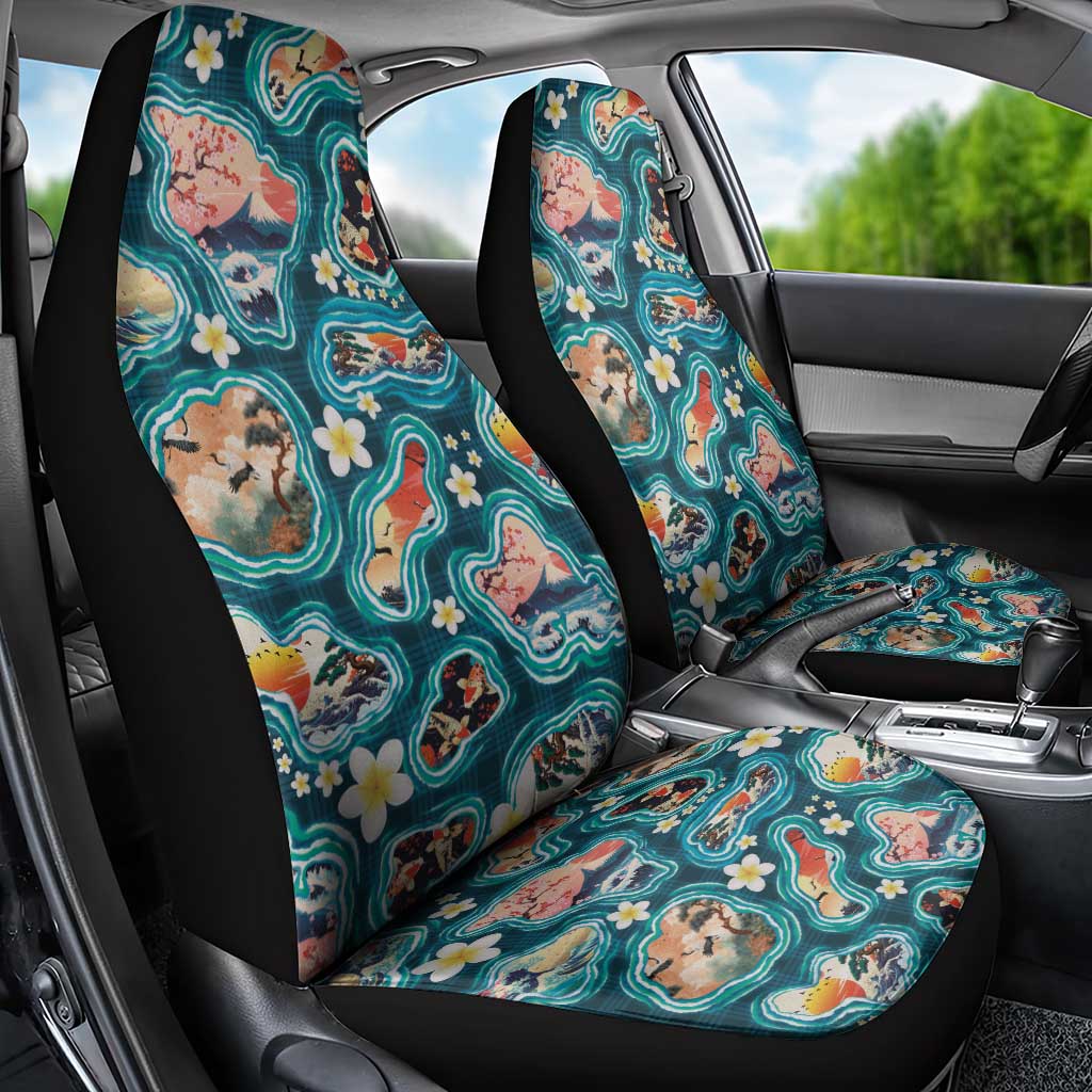 Hawaiian and Japanese Culture Together Car Seat Cover Hawaiian Island Shapes with Japanese Landscape Teal Color