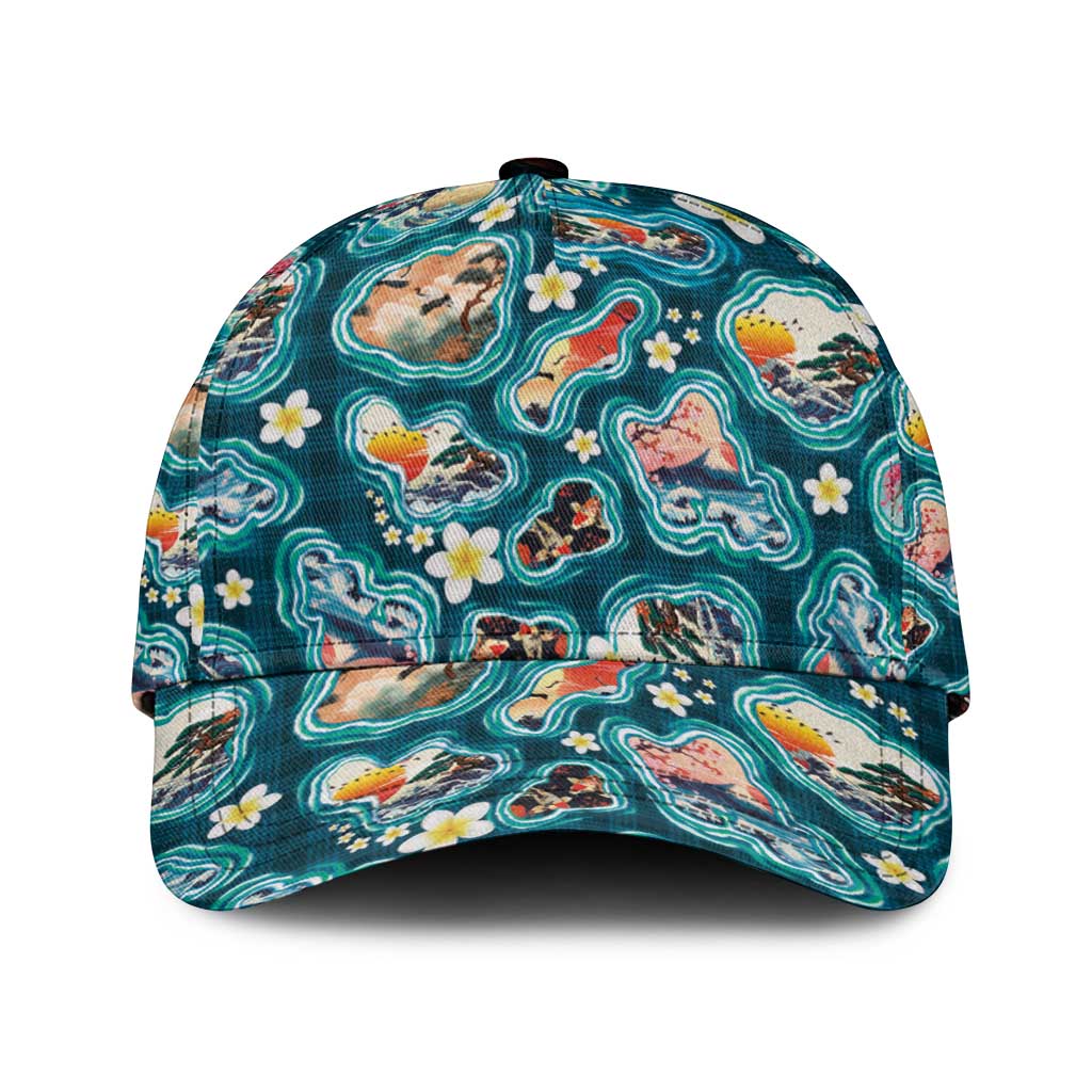 Hawaiian and Japanese Culture Together Classic Cap Hawaiian Island Shapes with Japanese Landscape Teal Color