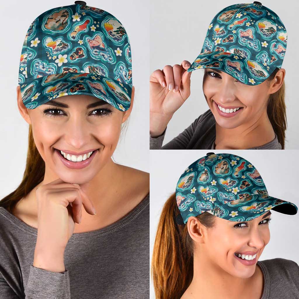 Hawaiian and Japanese Culture Together Classic Cap Hawaiian Island Shapes with Japanese Landscape Teal Color