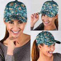 Hawaiian and Japanese Culture Together Classic Cap Hawaiian Island Shapes with Japanese Landscape Teal Color