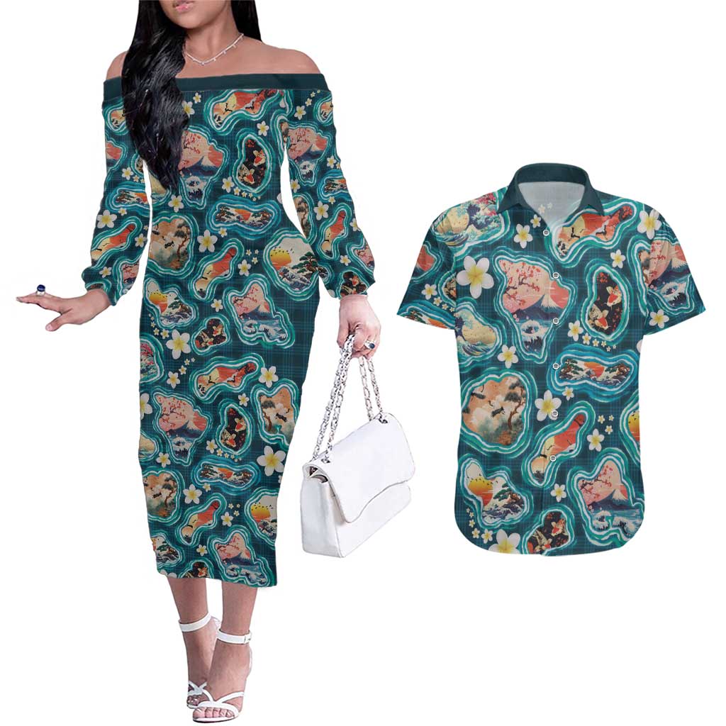 Hawaiian and Japanese Culture Together Couples Matching Off The Shoulder Long Sleeve Dress and Hawaiian Shirt Hawaiian Island Shapes with Japanese Landscape Teal Color