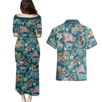 Hawaiian and Japanese Culture Together Couples Matching Puletasi and Hawaiian Shirt Hawaiian Island Shapes with Japanese Landscape Teal Color