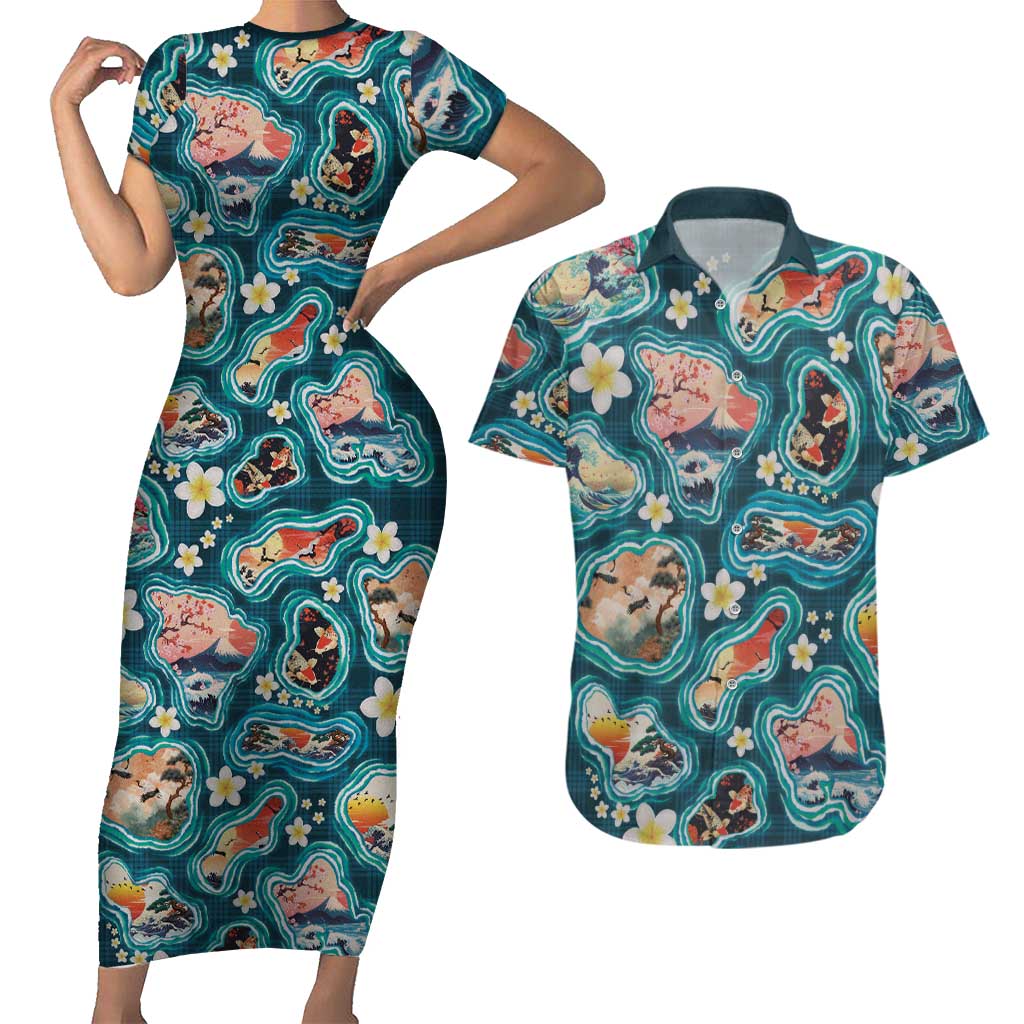 Hawaiian and Japanese Culture Together Couples Matching Short Sleeve Bodycon Dress and Hawaiian Shirt Hawaiian Island Shapes with Japanese Landscape Teal Color