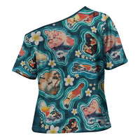 Hawaiian and Japanese Culture Together Cross Shoulder Shirt Hawaiian Island Shapes with Japanese Landscape Teal Color