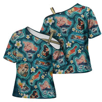 Hawaiian and Japanese Culture Together Cross Shoulder Shirt Hawaiian Island Shapes with Japanese Landscape Teal Color