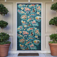 Hawaiian and Japanese Culture Together Door Cover Hawaiian Island Shapes with Japanese Landscape Teal Color