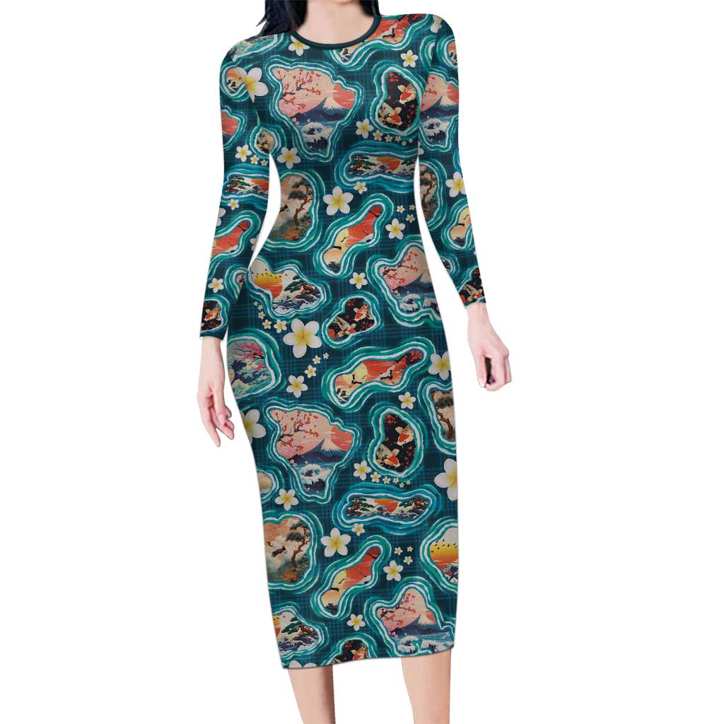 Hawaiian and Japanese Culture Together Family Matching Long Sleeve Bodycon Dress and Hawaiian Shirt Hawaiian Island Shapes with Japanese Landscape Teal Color