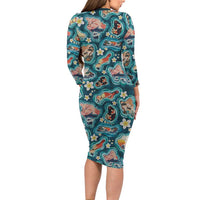 Hawaiian and Japanese Culture Together Family Matching Long Sleeve Bodycon Dress and Hawaiian Shirt Hawaiian Island Shapes with Japanese Landscape Teal Color