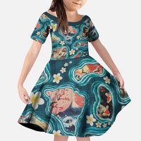 Hawaiian and Japanese Culture Together Family Matching Off The Shoulder Long Sleeve Dress and Hawaiian Shirt Hawaiian Island Shapes with Japanese Landscape Teal Color